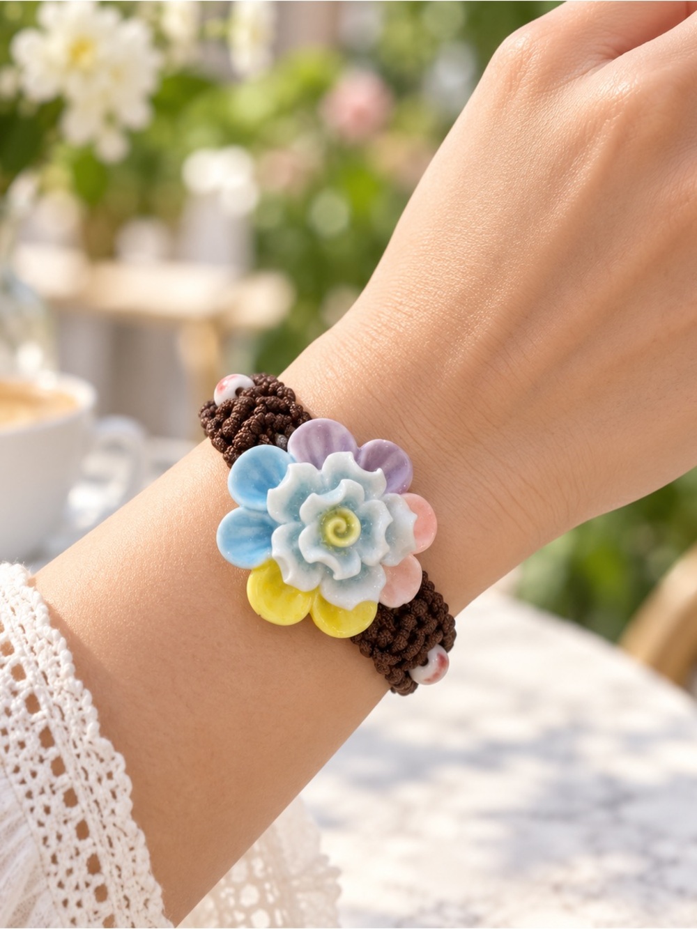 Adjustable Macramé Bracelet with Large Porcelain Flower – Boho Jewelry